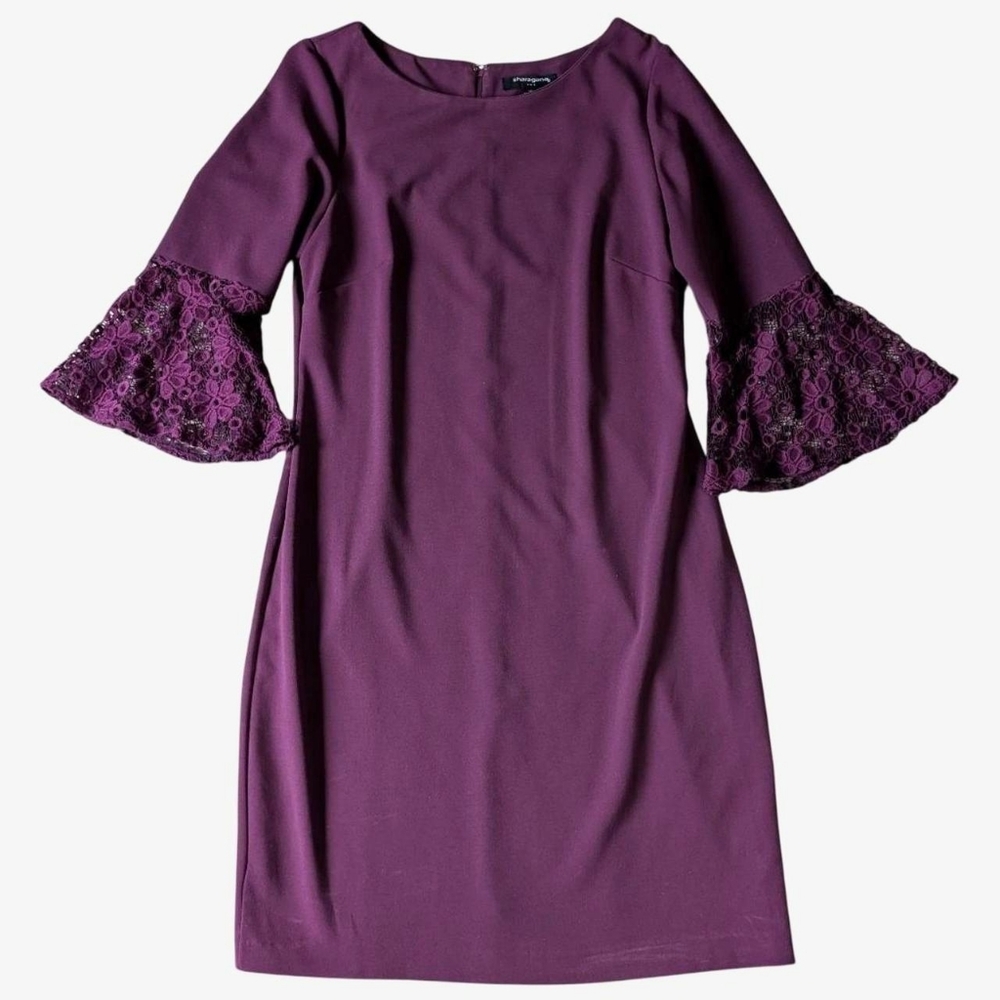 Sharagano purple lace bell sleeve mini dress